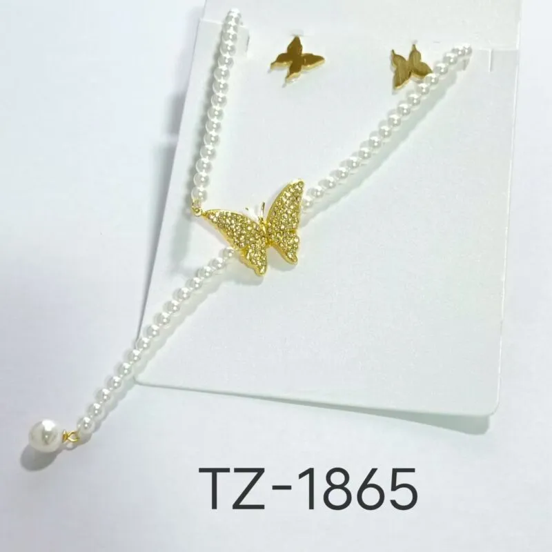 Collar con Mariposa y Perlas con Aretes-TZ-1865