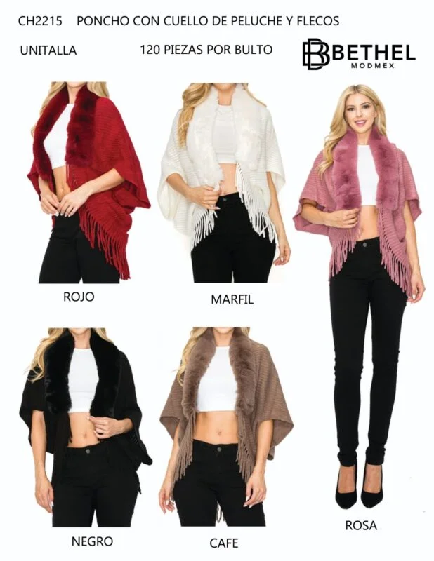 Poncho con cuello de peluche y flecos-CH2215