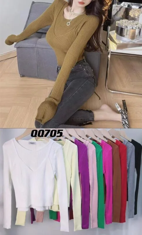 Top tejido de manga larga con cuello en V para mujer-QQ705