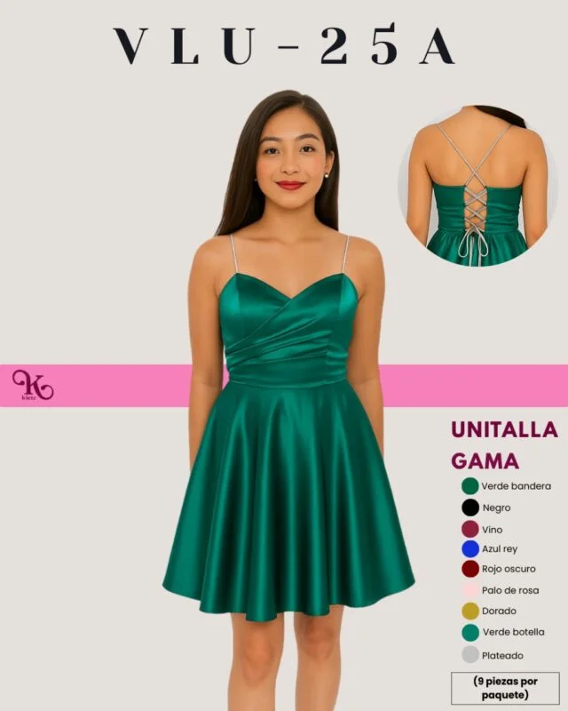 Vestido corto satinado con espalda cruzada-VLU-25A