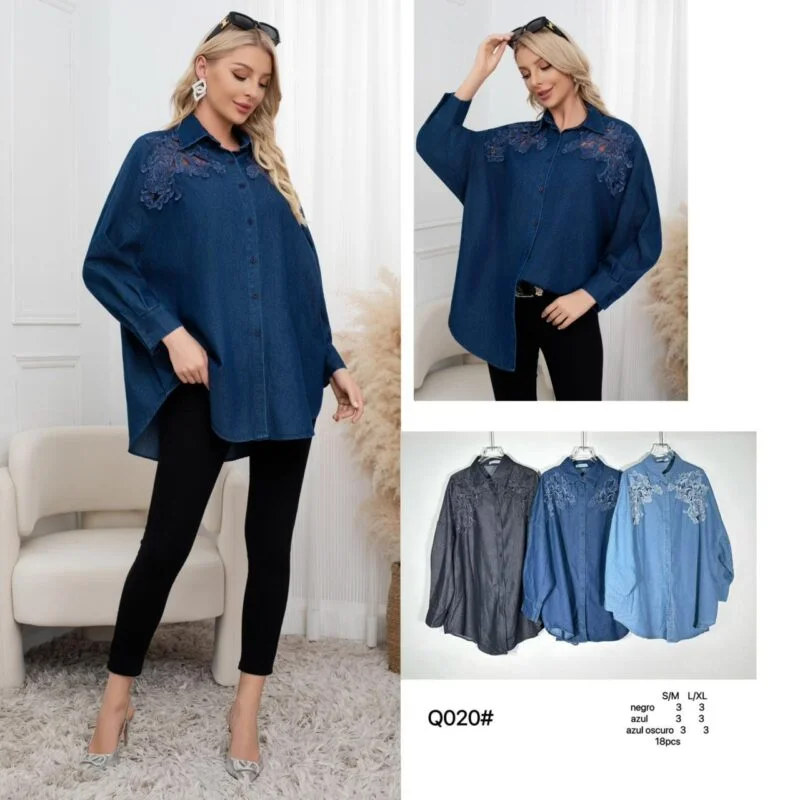 Camisa de mezclilla con encaje-Q020#