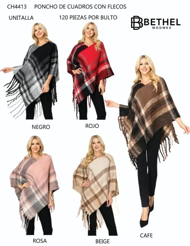 Poncho de cuadros con flecos-CH4413