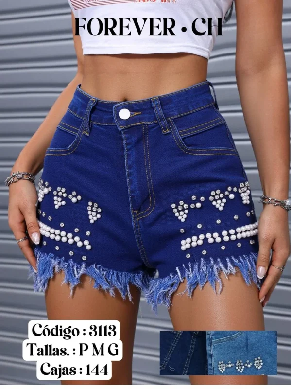 Shorts con bordado de perlas-3113