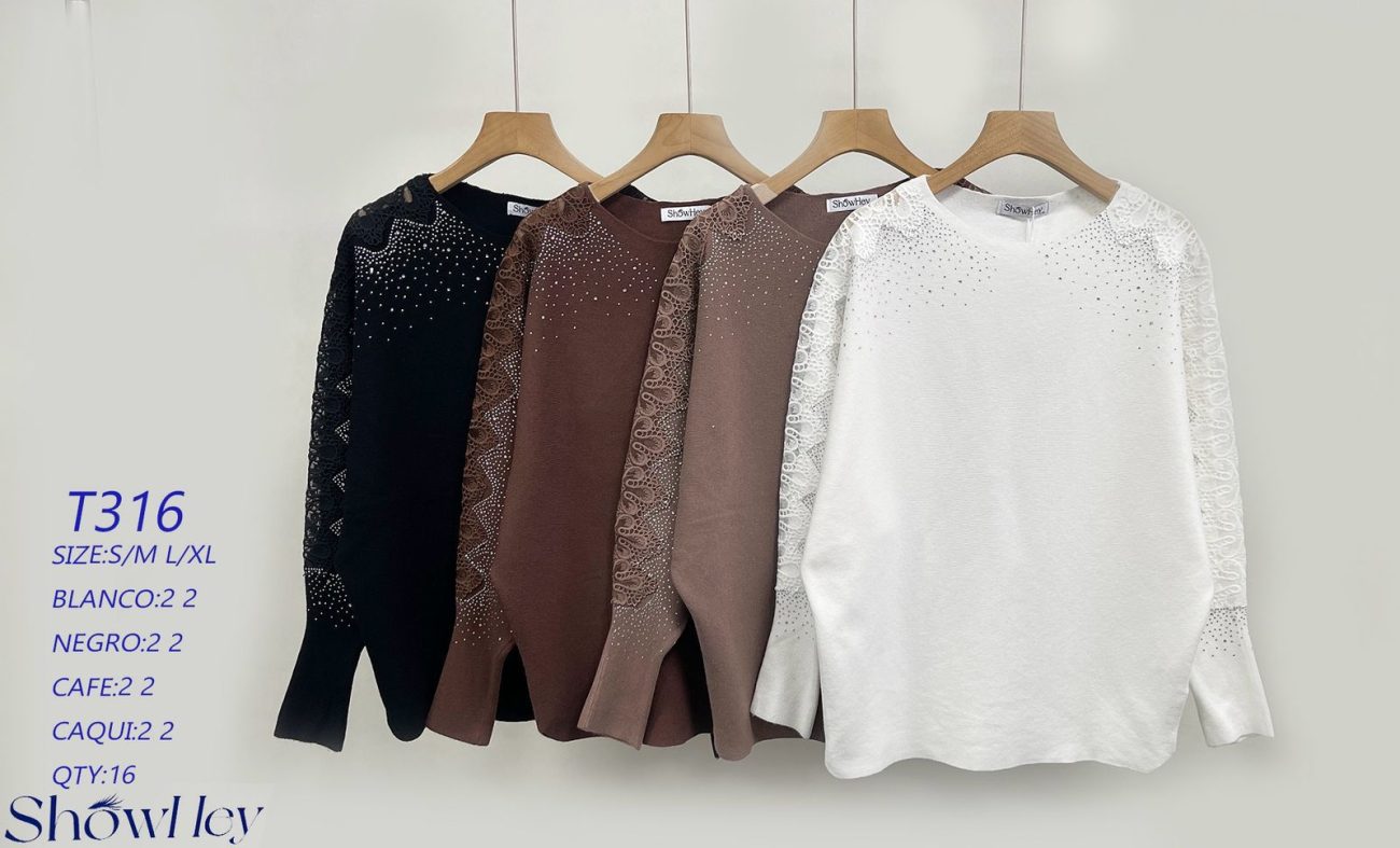 Blusa con detalles de encaje y pedrería-T316