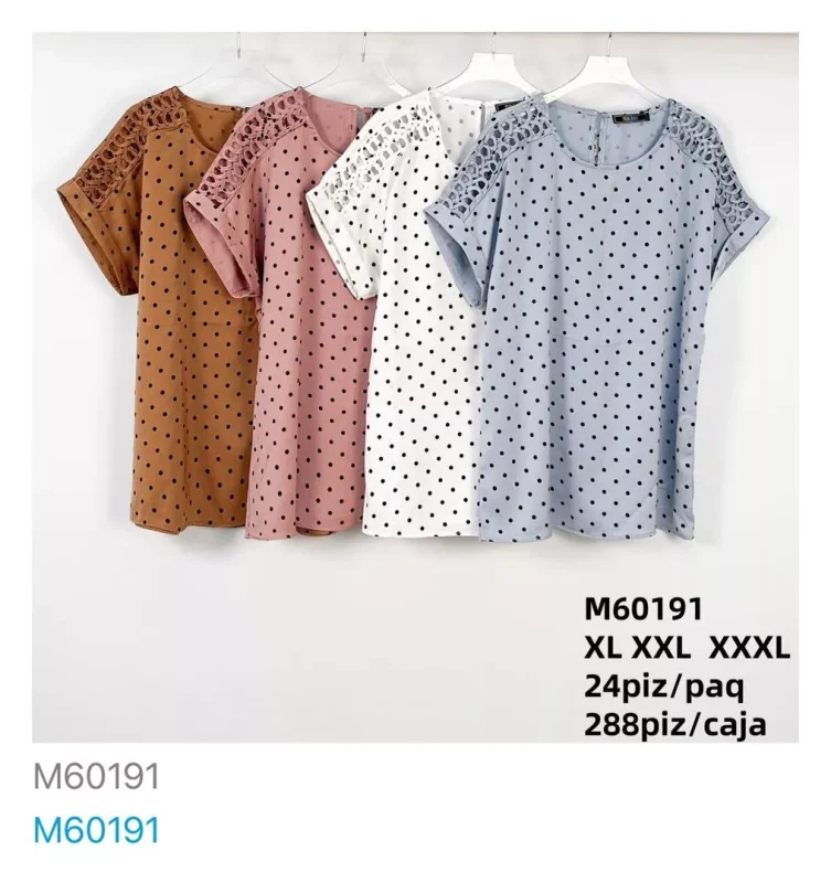 Blusa de manga corta con encaje y lunares-M60191