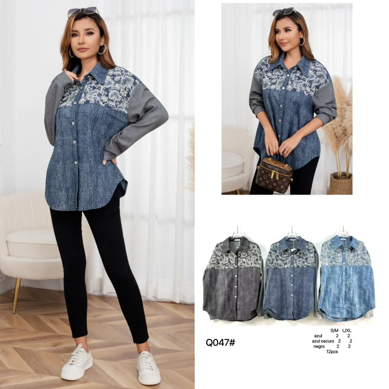 Camisa de Mujer Estampada con Manga Larga-Q047