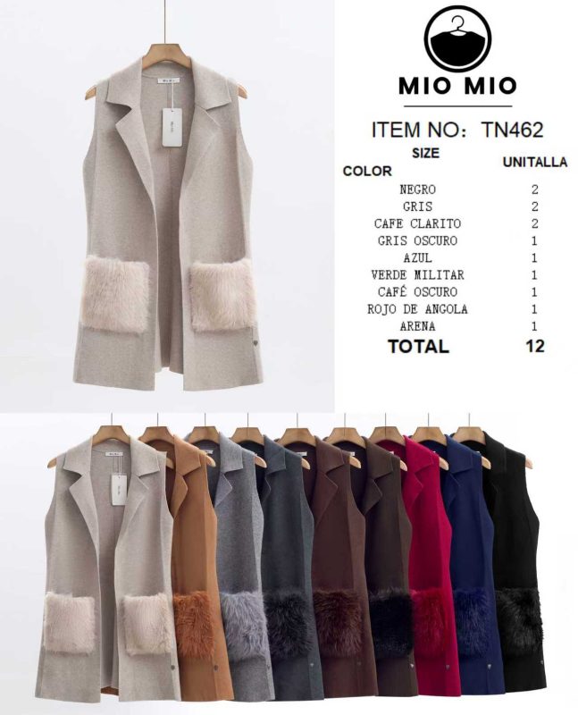 Chaleco largo con bolsillos de peluche-TN462