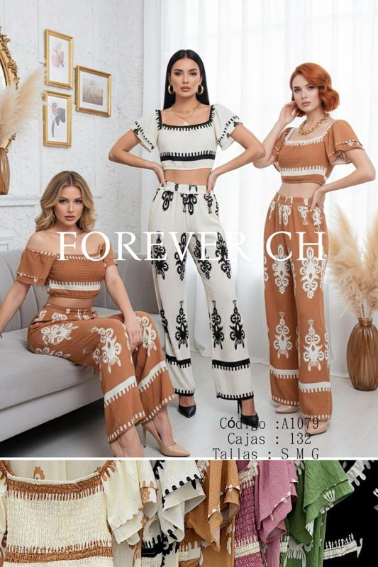 Conjunto crop top y pantalón estampado-A1079