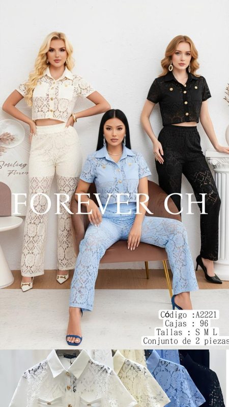 Conjunto de encaje con camisa y pantalón-A2221