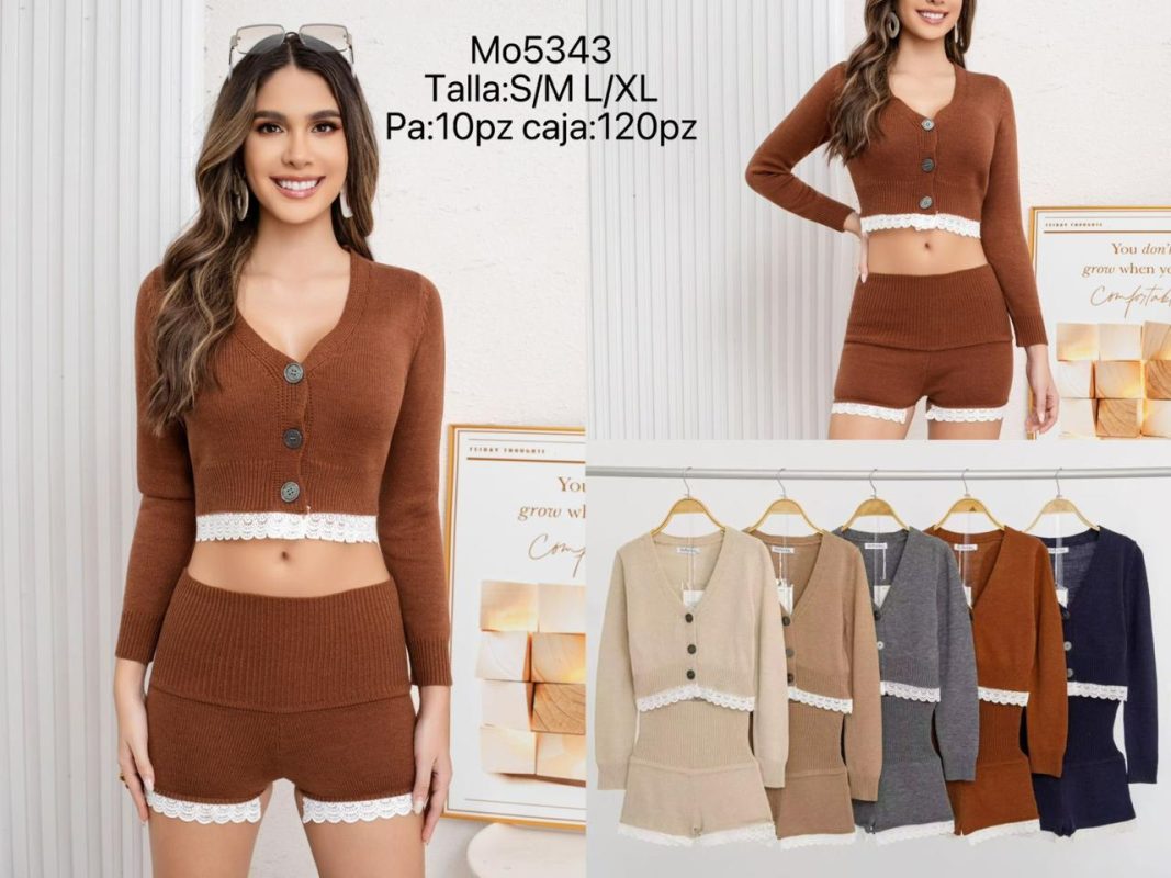 Conjunto de cárdigan y shorts con encaje-Mo5343