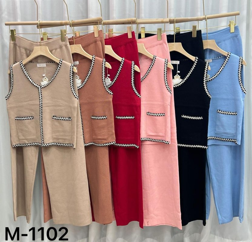 Conjunto de chaleco y pantalón tejido con ribete en contraste-M-1102