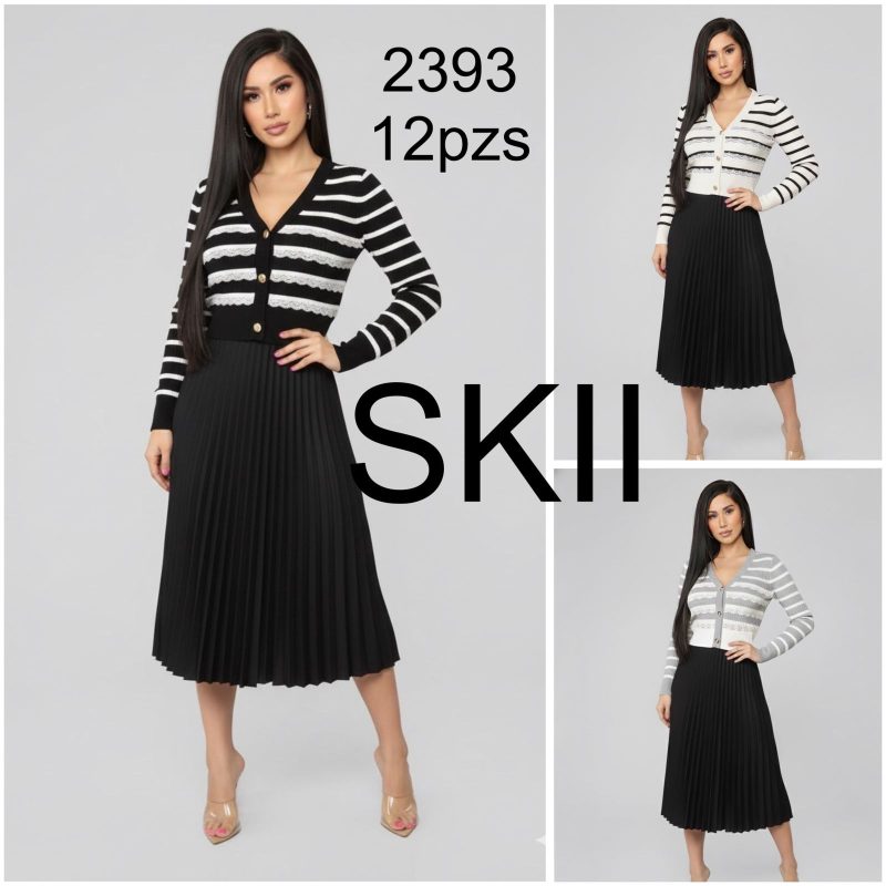 Conjunto de falda plisada y cárdigan a rayas-2393