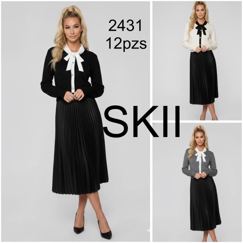 Conjunto de falda plisada y suéter con lazo-2431