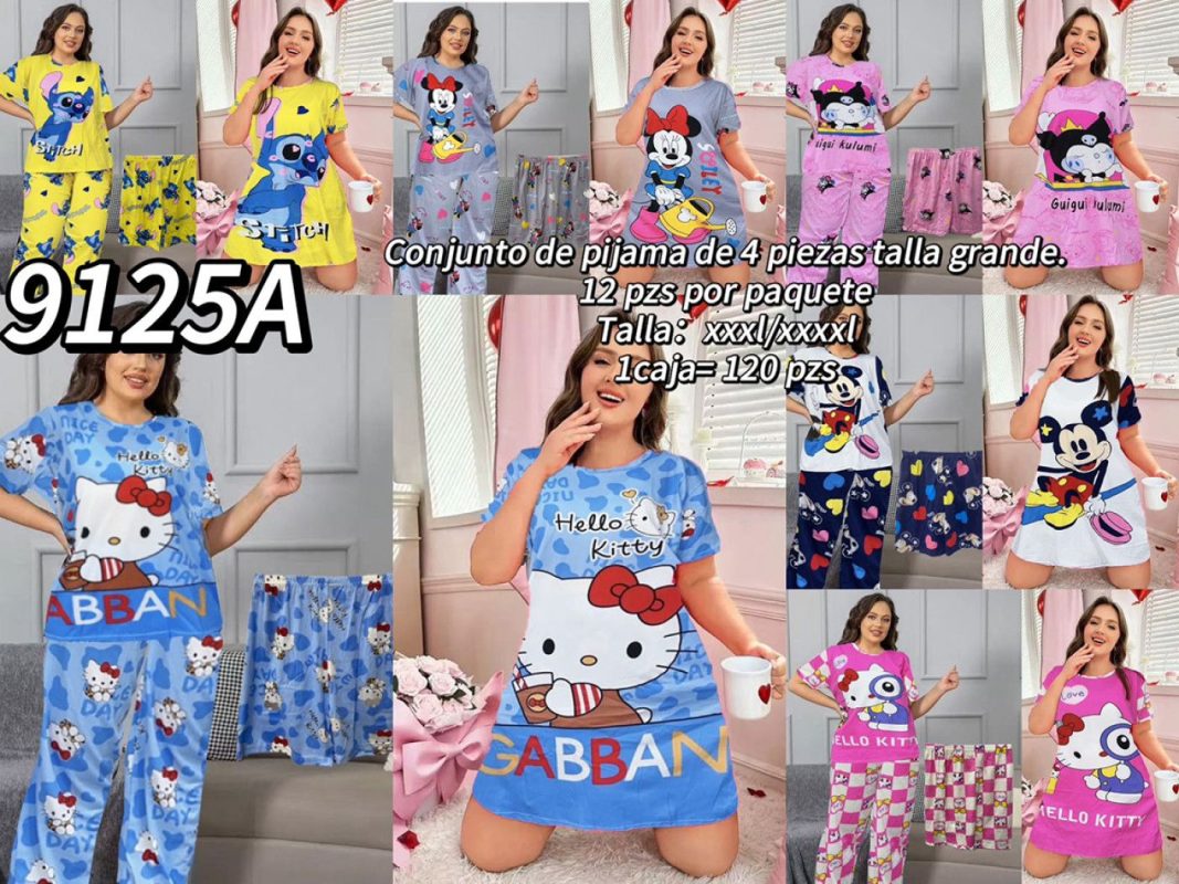 Conjunto de pijama de 4 piezas con diseños de caricaturas-9125A