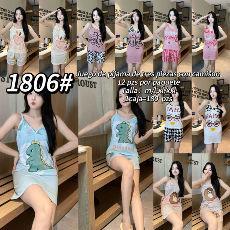 Conjunto de pijama de tres piezas con camisón-1806#