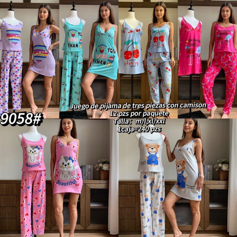 Conjunto de pijama de tres piezas con camisón-9058