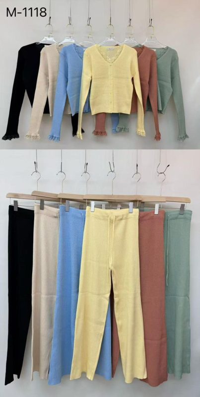 Conjunto de pantalón y cárdigan de punto con encaje-M-1118