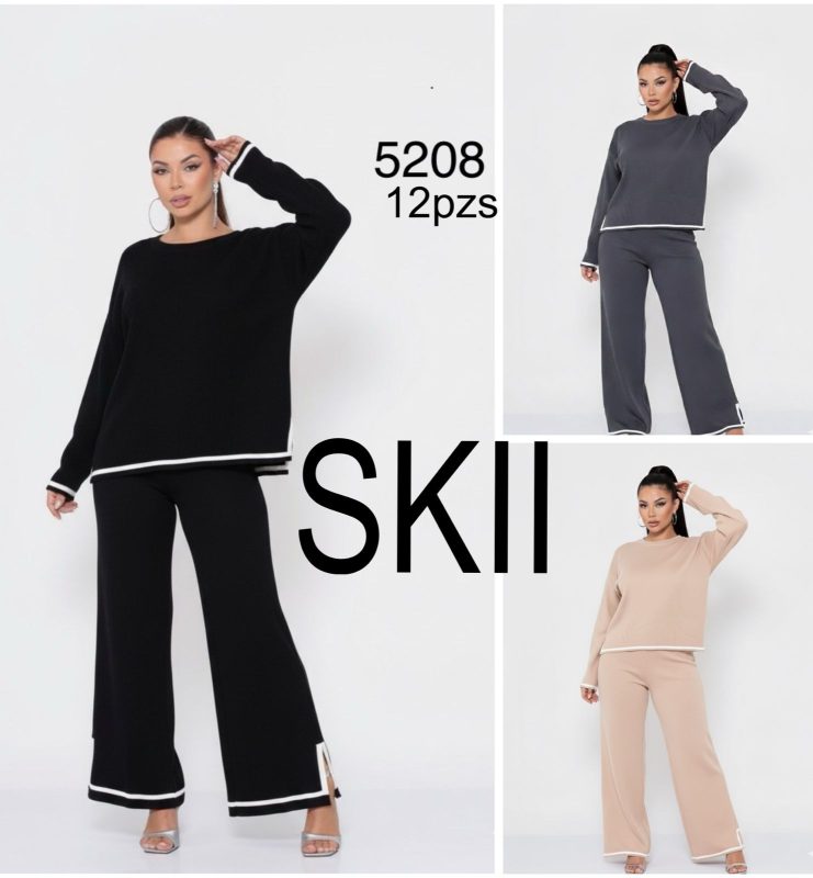 Conjunto de suéter y pantalón con ribete en contraste-5208