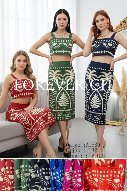 Conjunto de top y falda con estampado tropical-A1580