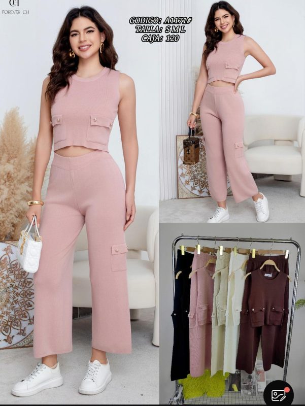 Conjunto de top y pantalón de punto para mujer-A1171