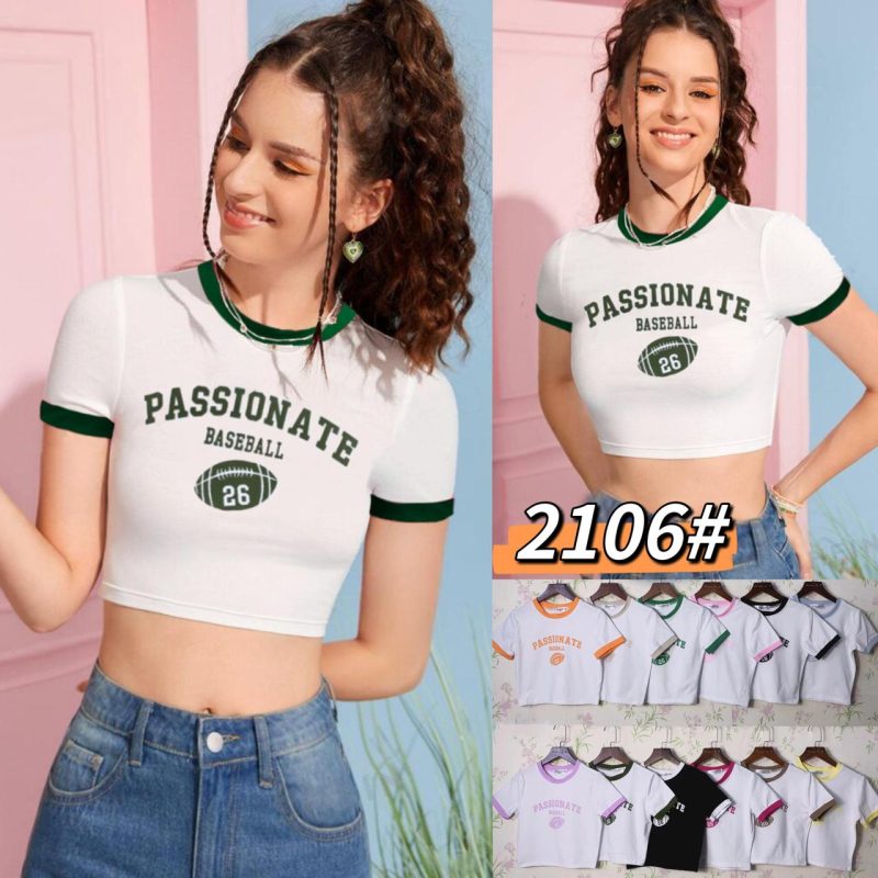 Crop Top Manga Corta con Estampado Baseball-2106