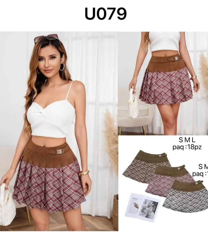 Falda plisada con cinturón-U079