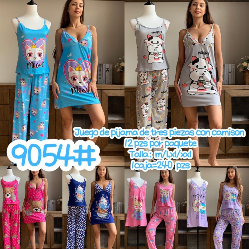 Juego de Pijama de tres piezas con camisón-9054#