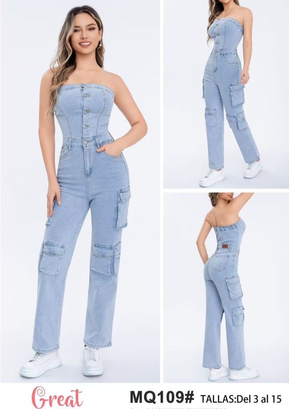 Mono de mezclilla con bolsillos cargo-MQ109