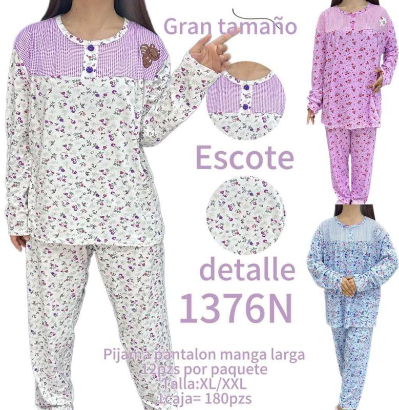 Pijama de pantalón y manga larga con estampado floral-1376N