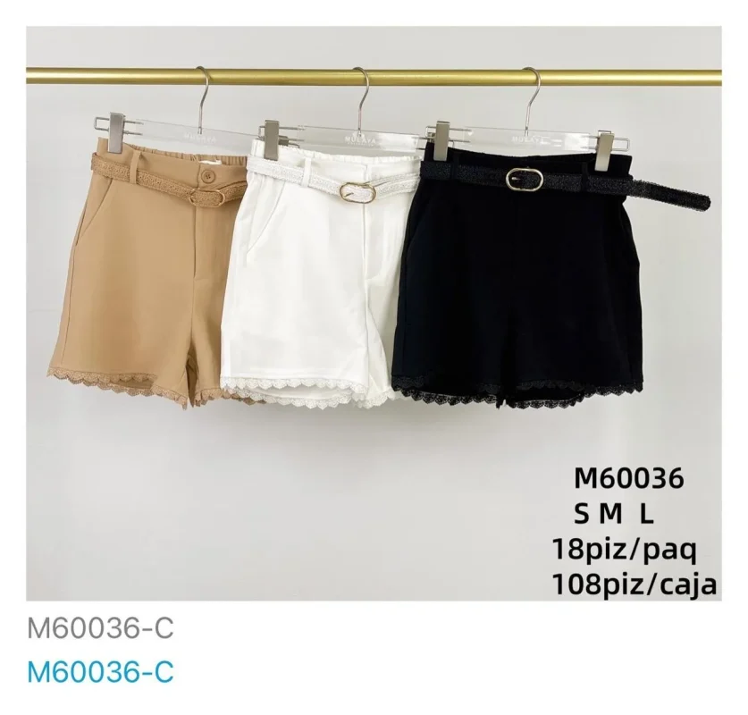 Shorts con cinturón y encaje-M60036-C
