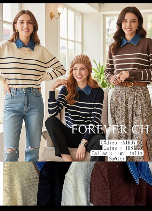 Suéter a rayas con cuello camisero-A1907