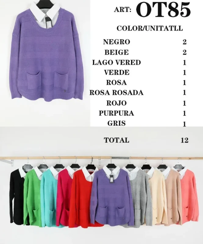 Suéter con Bolsillos y Cuello Camisero-OT85