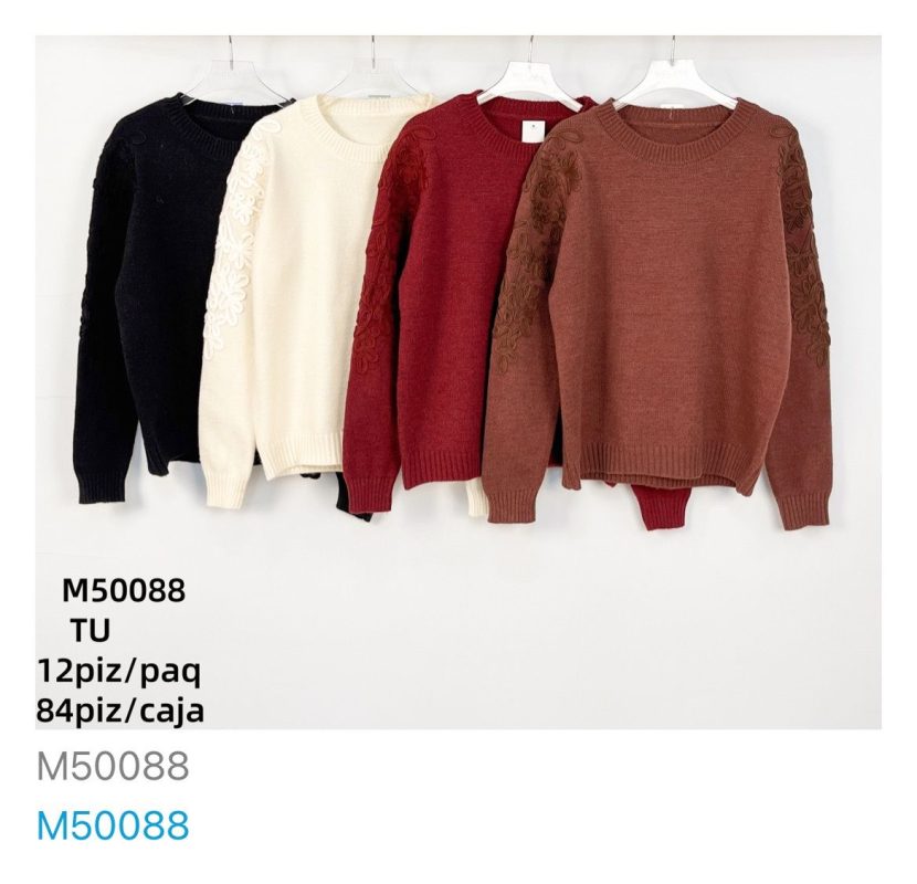 Suéter con bordado floral en mangas-M50088