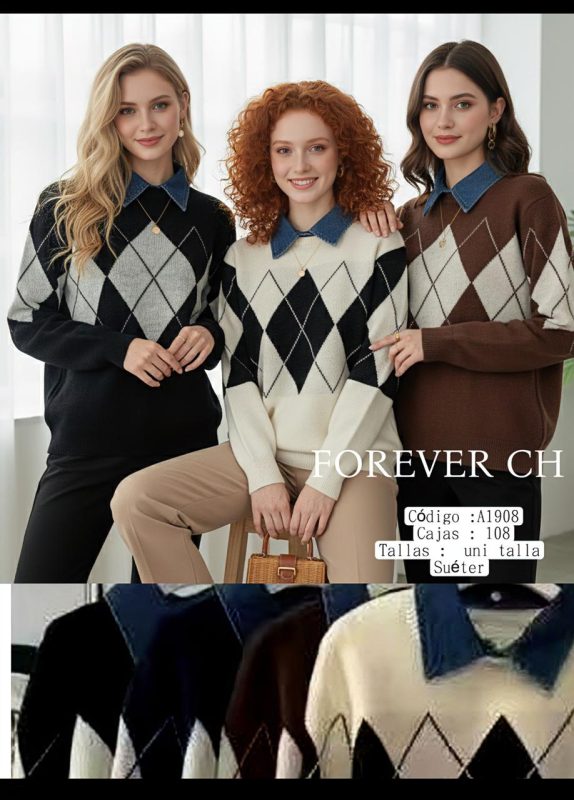 Suéter con diseño de rombos y cuello camisero-A1908