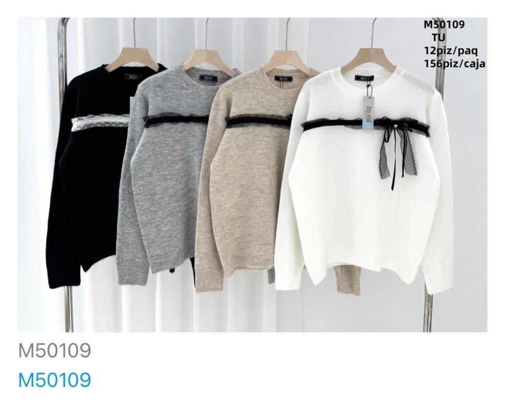 Suéter de punto con encaje y lazo-M50109