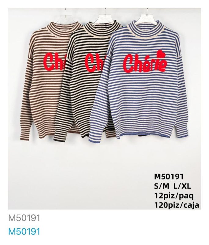 Suéter rayado con texto bordado-M50191