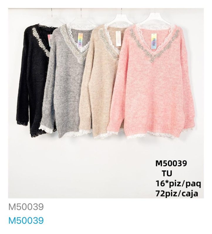 Suéter V con Encaje y Pedrería-M50039