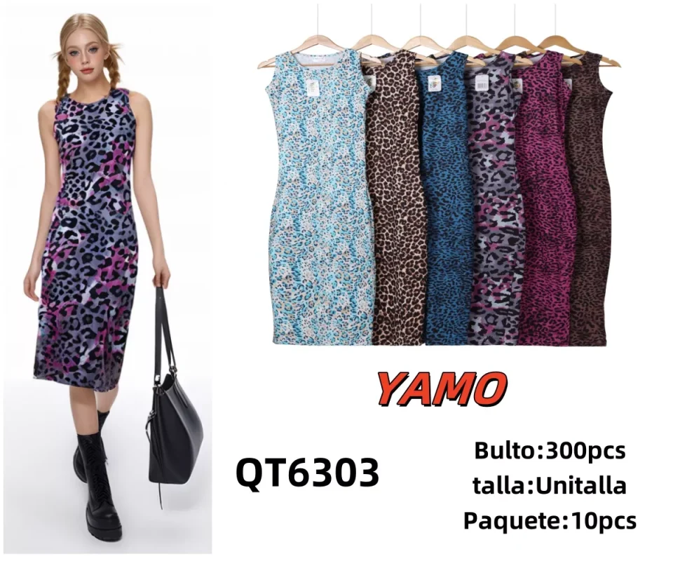 Vestido midi sin mangas con estampado animal-QT6303
