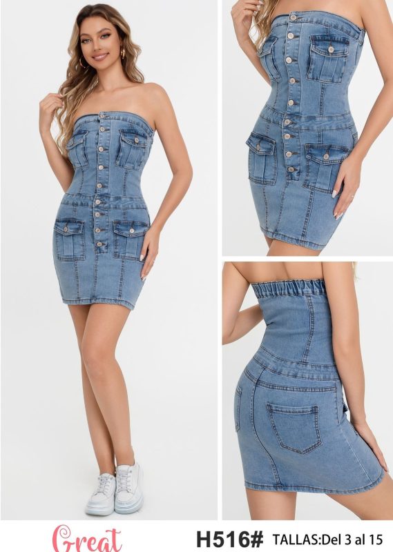 Vestido tubo de mezclilla con botones-H516