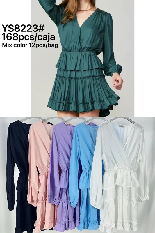 Vestido de manga larga con volantes-YS8223#