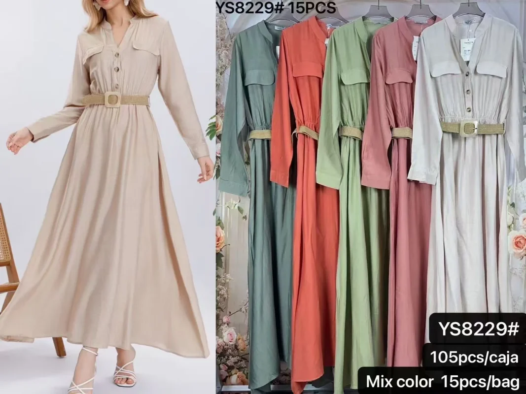 Vestido largo de mujer con cinturón-YS8229#