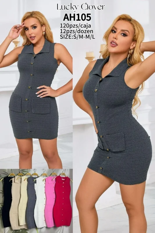 Vestido de botones con bolsillos-AH105