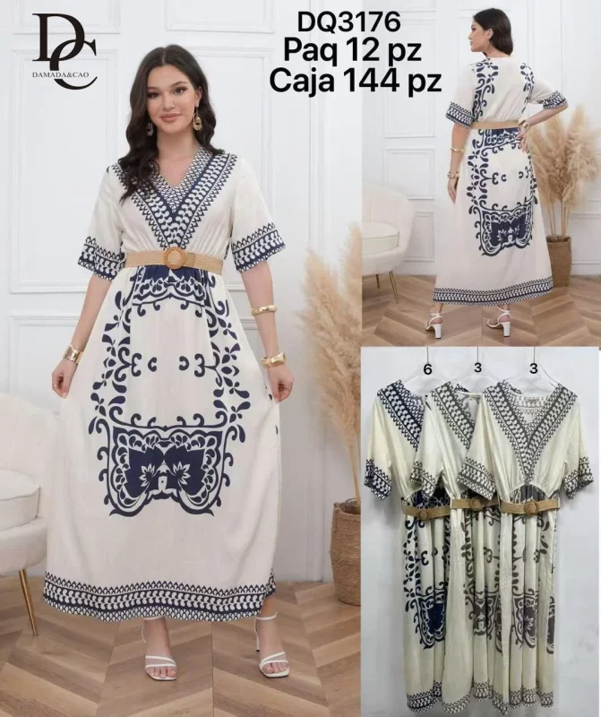 Vestido estampado con cinturón-DQ3176