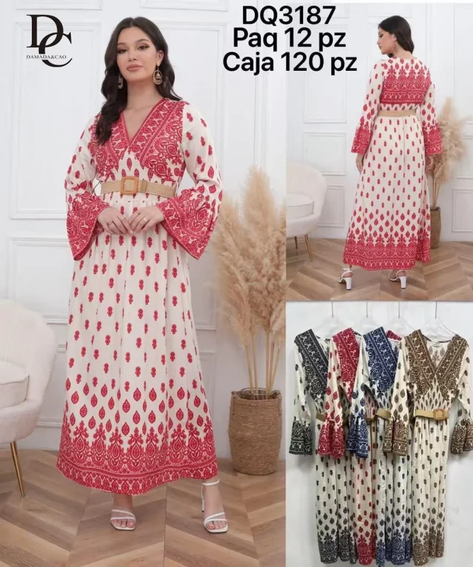 Vestido largo estampado con cinturón-DQ3187