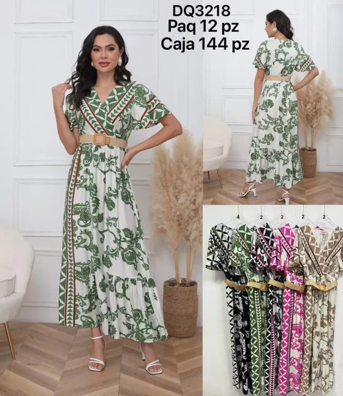 Vestido largo estampado con cinturón-DQ3218