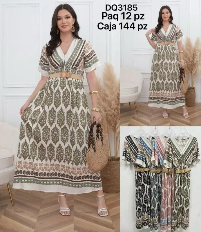 Vestido maxi estampado con cinturón-DQ3185