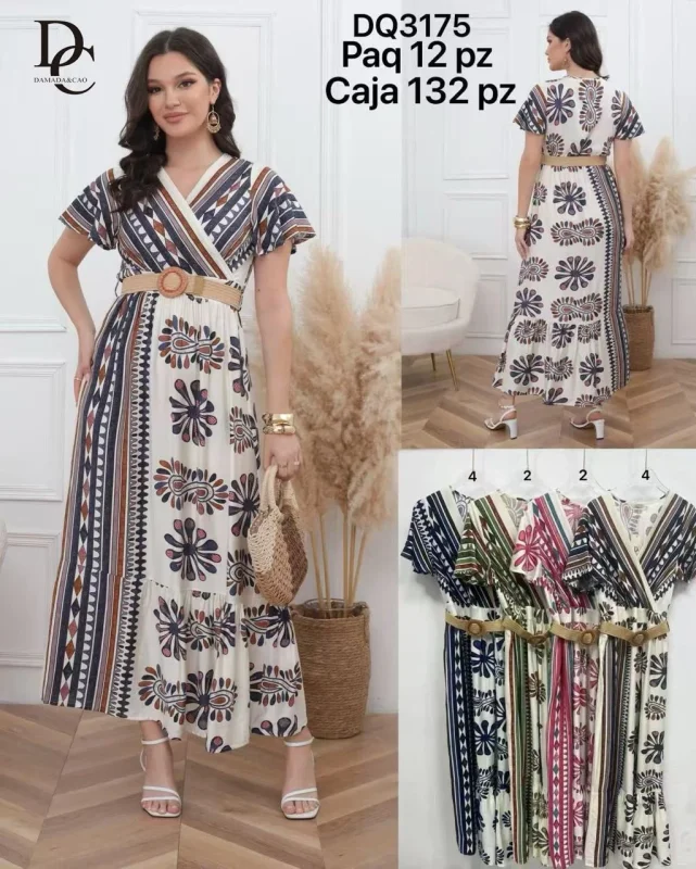 Vestido largo estampado con cinturón-DQ3175