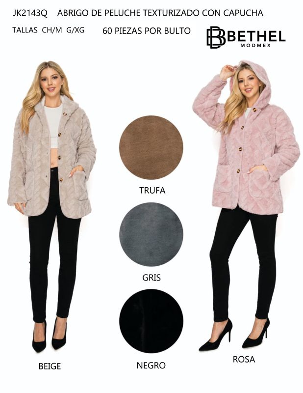 Abrigo de peluche texturizado con capucha-JK2143Q
