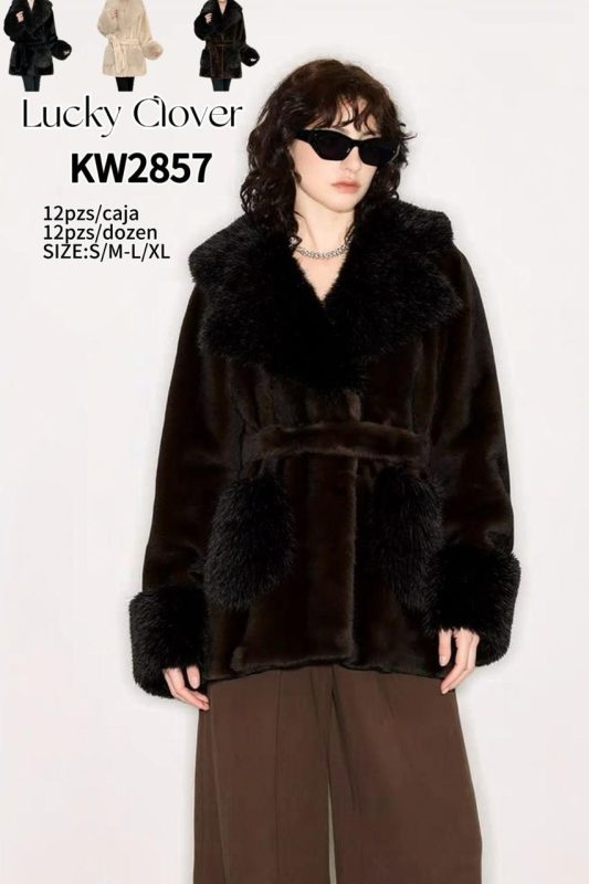 Abrigo de piel sintética con cinturón-KW2857