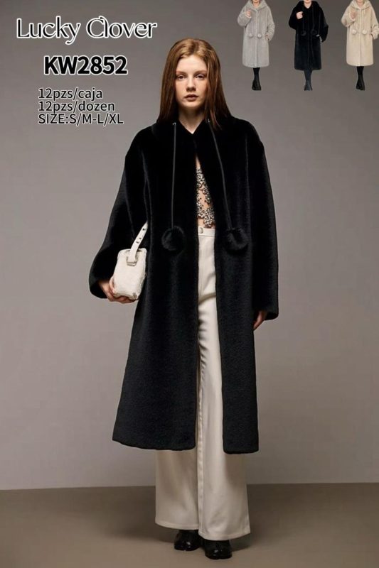 Abrigo largo de peluche con capucha-KW2852